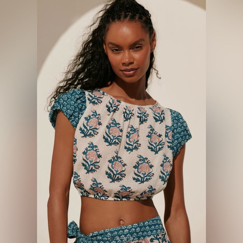 Anthropologie Celandine Short Sleeve Tie-Back Crop Top